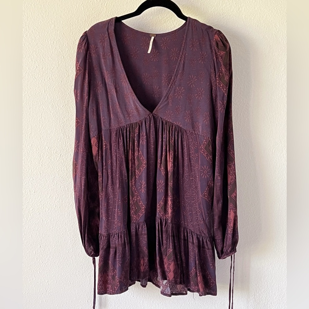 Free People Flowy Bohemian Purple Orchid Floral Tunic Mini Dress Size Small - Picture 2 of 15